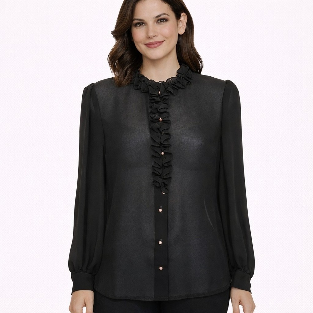 Vtg 70s JAMBOREE Size Small Couture Sheer‎ Black Pearl Button Ruffle Neck Blouse